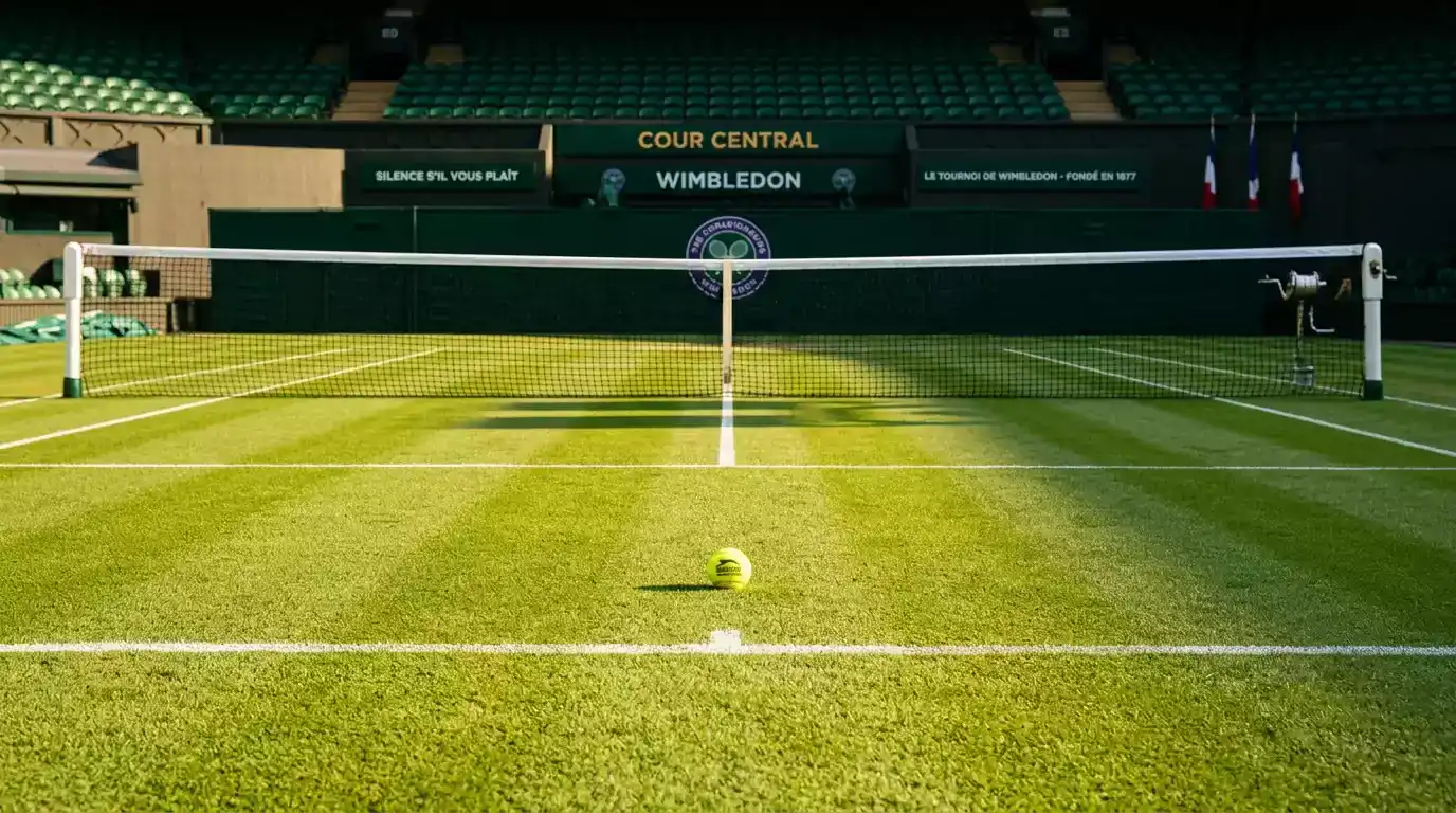 Court de tennis sur gazon de Wimbledon avec lignes blanches et filet