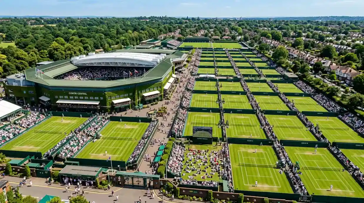 Vue aérienne du All England Club pendant le tournoi de Wimbledon avec courts de tennis sur gazon
